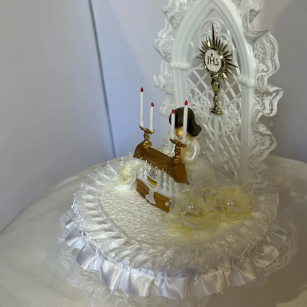 Elegant White and Gold Communion Cake Topper